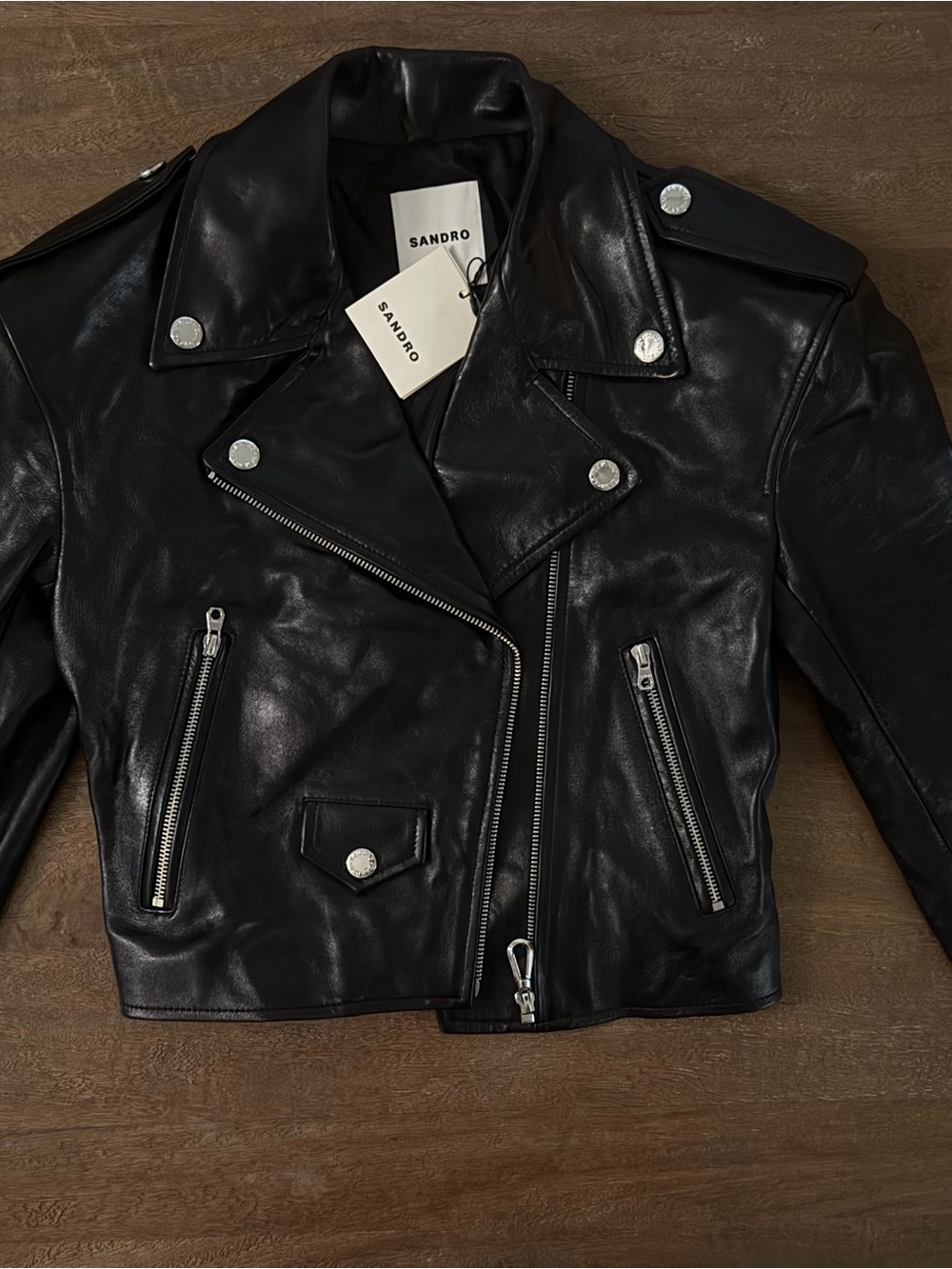 Sandro Black Leather Biker Jacket with Silver Hardware